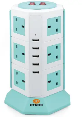 ENCO Blue Extension Plug Tower Surge Protector 12 Sockets 5 USB Ports (DD-5U12K)
