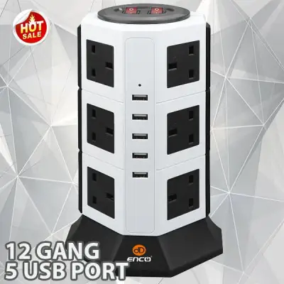 ENCO Black Extension Plug Tower Surge Protector 12 Sockets 5 USB Ports (DD-5U12K)
