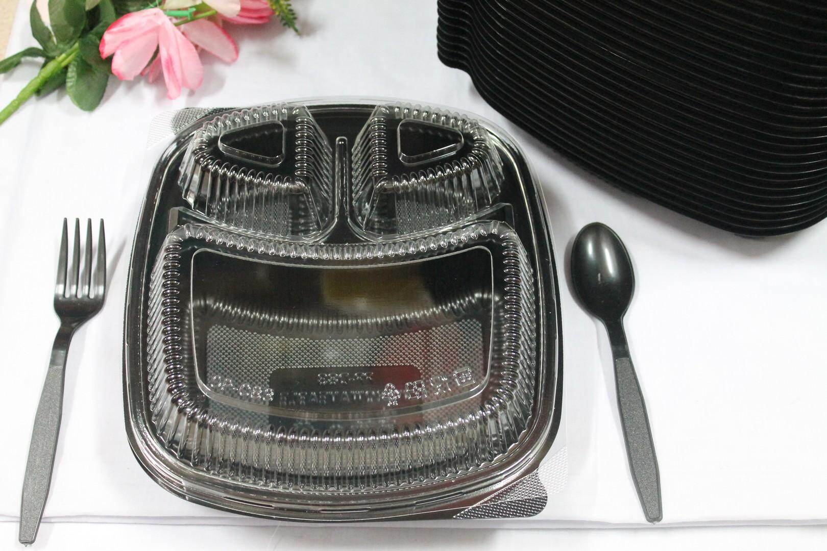 Gambar 10 pieces Bento Lunch Box Disposable Reusable 3 Partition with Lids (Black)