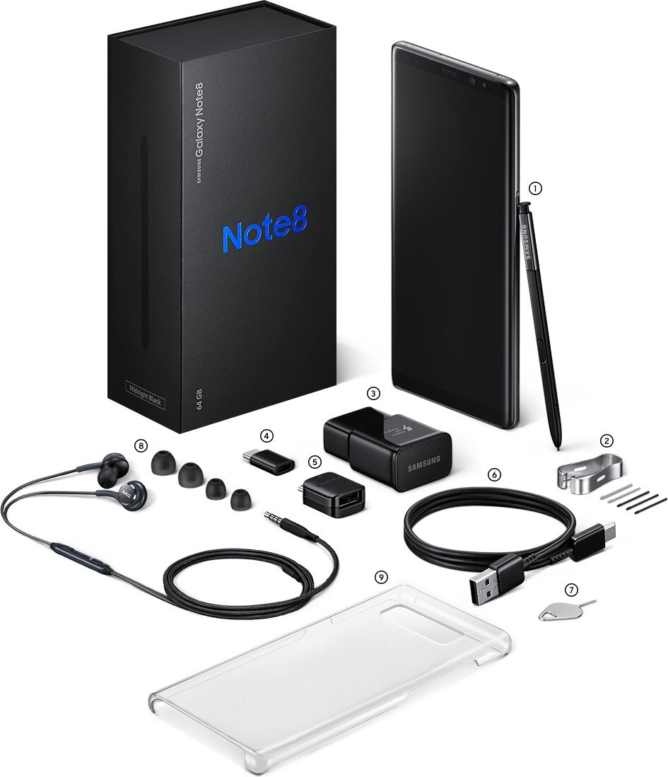 Image of the items included in the packaging with the Galaxy Note8