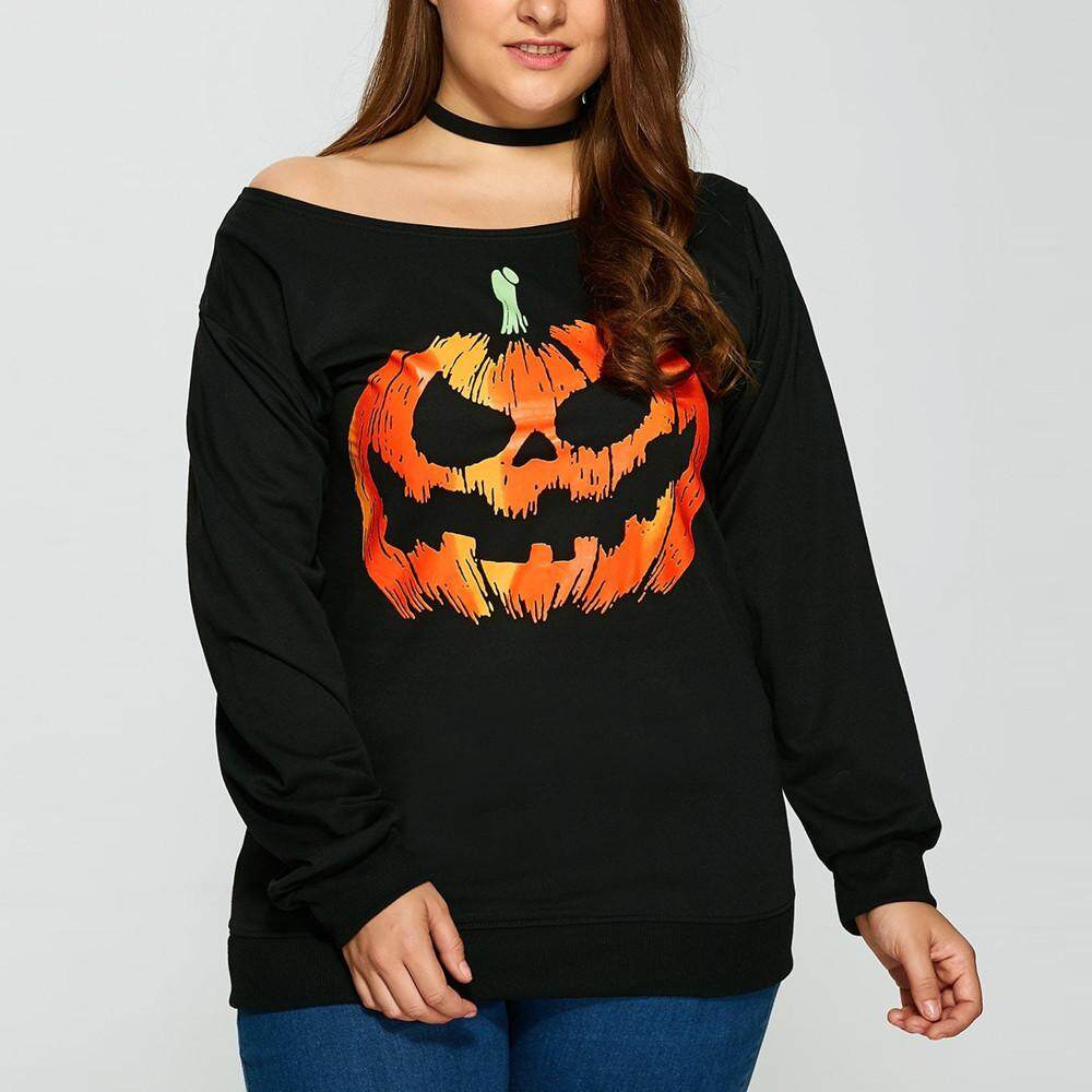 Women Halloween Pumpkin Long Sleeve Pullover Sweatshirt Tops Blouse Shirt