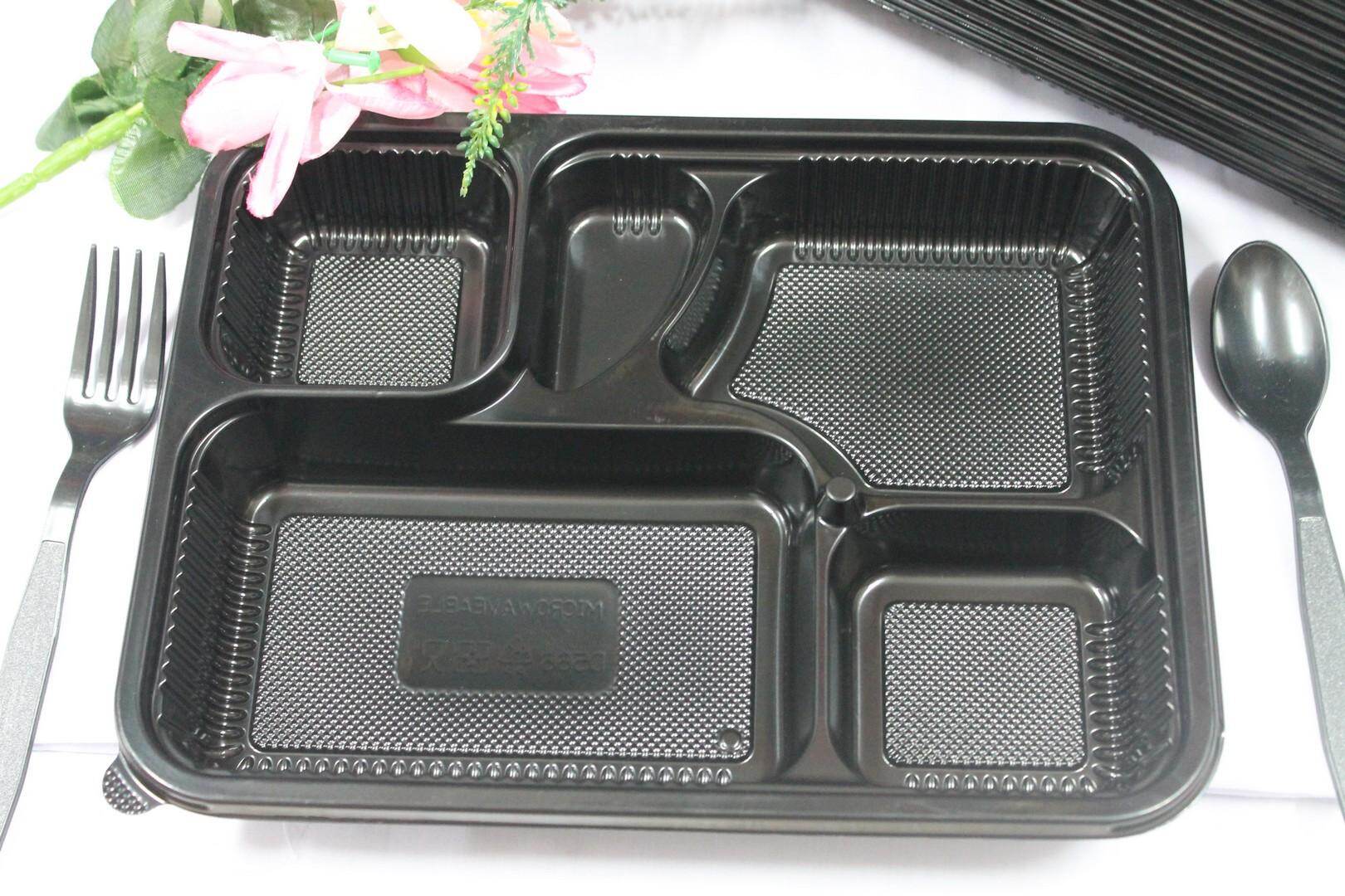 Gambar 10 pieces Bento Lunch Box Disposable Reusable 5 Partitions with Lids (Black)
