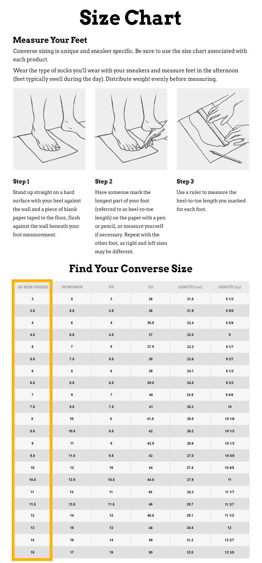 converse 1970s size chart