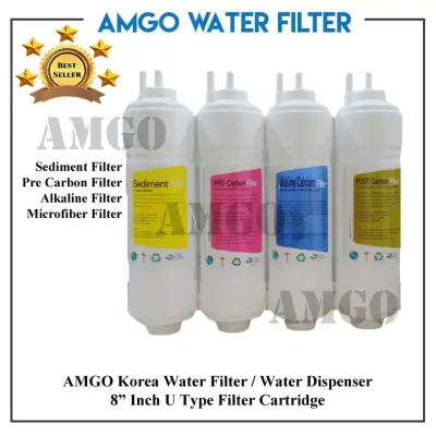 AMGO 8" Korea Water Filter Water Dispenser Replacement Cartridge (Sediment Filter,Pre Carbon Filter,Alkaline Filter,Post Carbon Filter) U Type Filter Cartridge