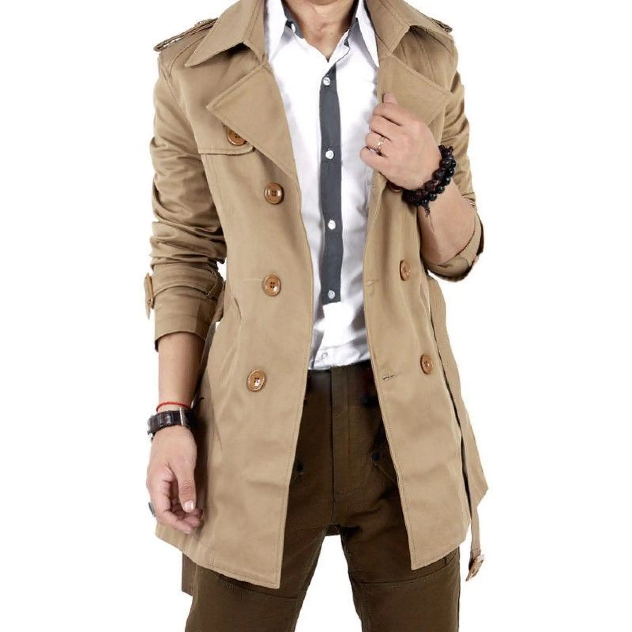 Mens Cotton Safari Jacket Trechcoat Single Breasted Lapel Collar Waistband Windbreaker Jacket with Cargo Pockets