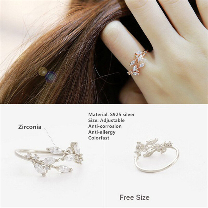 Fashion Korean Twisted Leaves Flower Rhinestone Opening Finger Ring Jewelry CB 