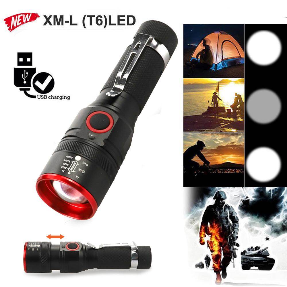 Rechargeable USB Ultra Bright T6 LED Torch with Beam Focusing Flashlight 18650