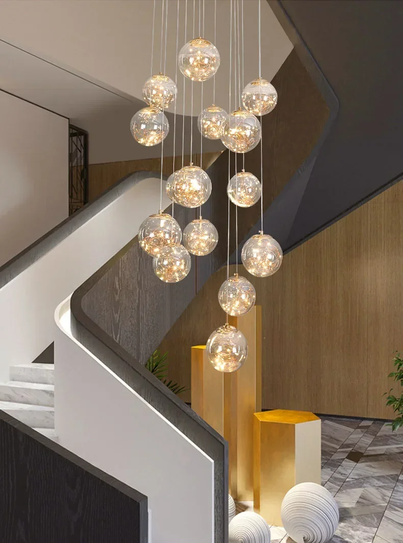 Luxury LED Glass Chandelier for Staircase Minimalist Round Ball Long Hanging Lamps Gold Creative Art Simple Lighting Fixtures ราคา 4,337 บาท*ส่งฟรี