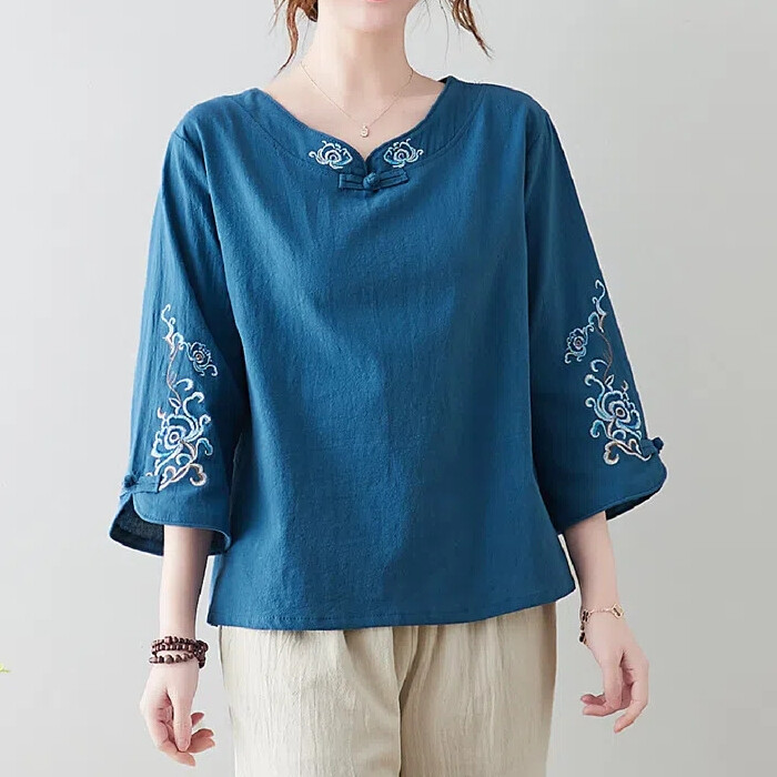 LUCKIN STORE Retro Cotton Shirt Women's 2025 Summer Button Embroidered 3/4 Sleeve Top Slim Chinese Shirt