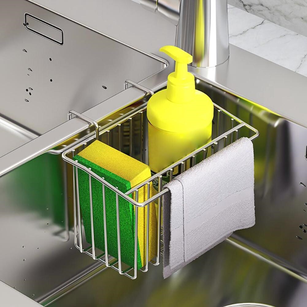 Gambar Stainless Steel Wall Mounted Hanging Sink Drain Basket Sponge Soap Holder Rack sink holder vegetables fruit kitchen storage rack