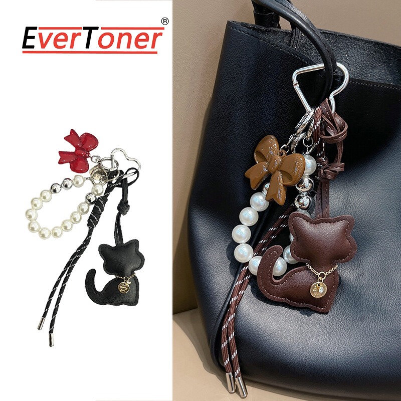 Evertoner thời trang hạt Keychain dễ thương mèo da quyến rũ Túi xách nữ Phụ kiện trang trí dây thừng bện Keyring