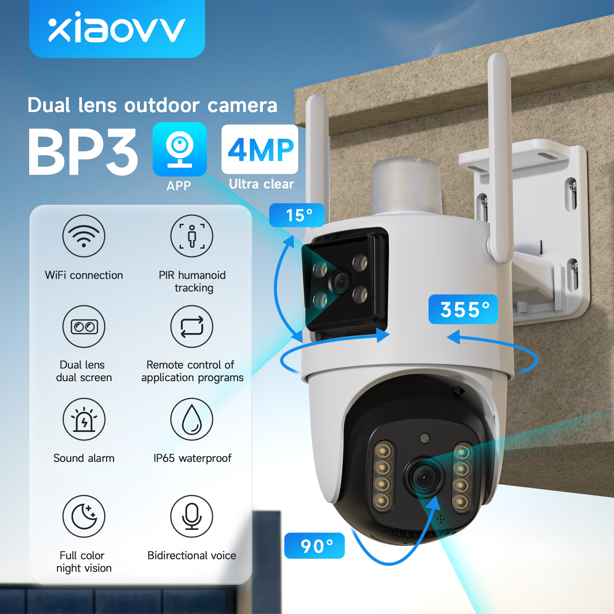  Xiaovv  sử dụng V380 Pro App  Bp3 Camera CCTV 4MP ống kính kép Màn hình kép wifi không dây ngoài trời PTZ giám sát IP65 không thấm nước phát hiện con người tự động theo dõi màu sắc nhìn trong đêm giám sát an ninh gia đình thông minh 