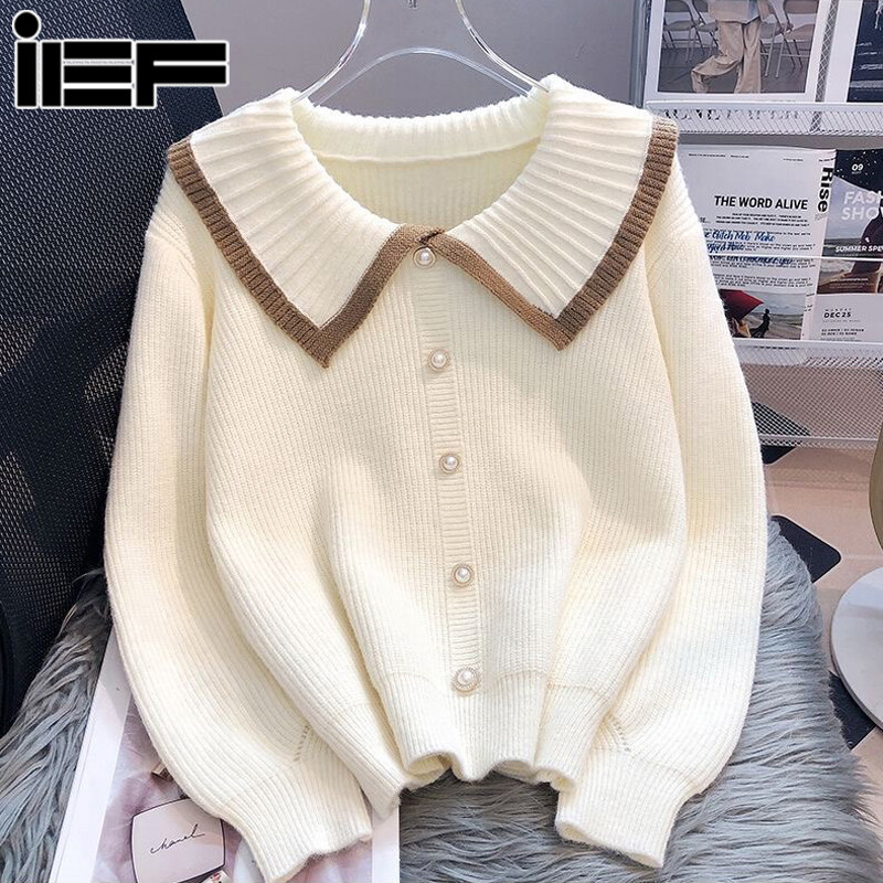 Ief Áo Khoác Len Áo len cardigan cổ áo búp bê cho nữ