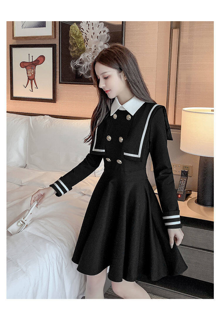 Navy style dress for women 2021 Spring and Autumn new small waist-tight temperament contrast color college style long sleeve A- line dress