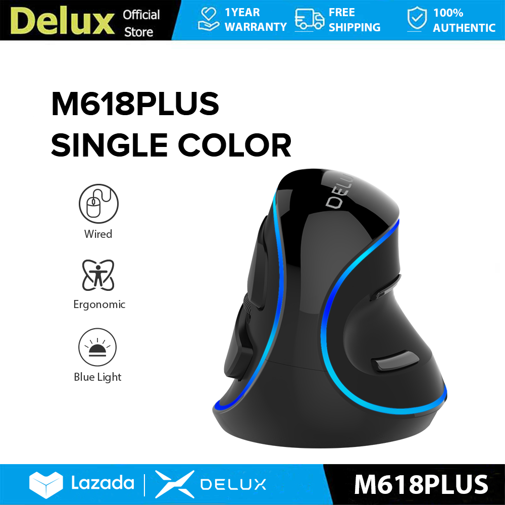 Delux M618plus một màu Có Dây Chuột đứng thiết kế công thái học 6 Nút Tối Đa 1600 Dpi Màu Xanh đèn LED Có Thể Tháo Rời Tấm đỡ cổ tay L Kích Thước Cho Lớn Tay Cho PC/Máy Tính Xách Tay/Windows/Mac
