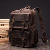 Vintege Mens Backpack Genuine Leather Fashion School Backpack Bags Casual Large Capacity Bag For 15.6 Inch Laptop NUPUGOO
