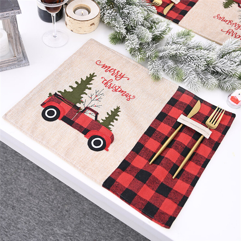 Gambar 12 Pcs Christmas Tree Red Truck Placemats Table Mat Winter Buffalo Plaid Placemat Dining Home Xmas Table Decoration Wholesale X2
