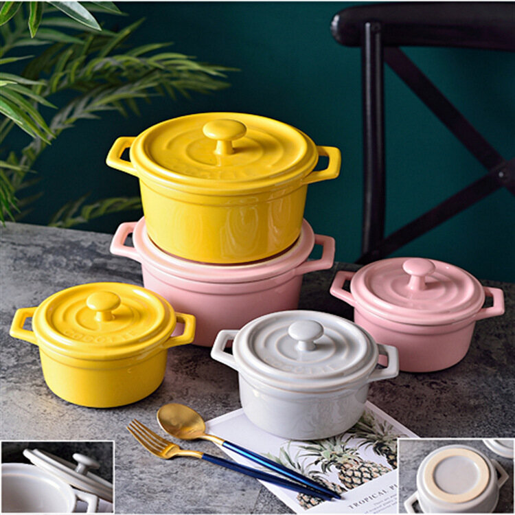 Gambar Nordic with Lid Ceramic Binaural Bowl Microwave Steamed Egg Bowl Cereal Bowl Tableware Instant Noodle Bowl Soup Bowl Ceramic Stew