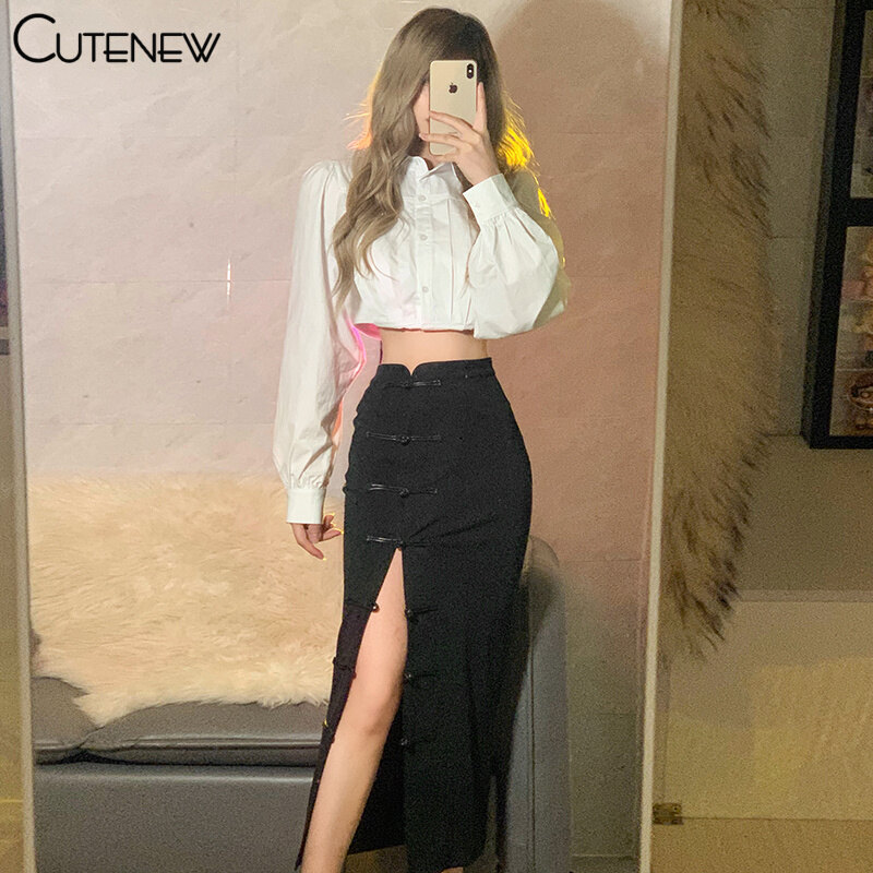 SYchuan Váy Midi Chữ A Dáng Ôm Có Nút Xẻ Cổ Điển Cạp Cao Váy Nữ Mùa Hè Cổ Điển Màu Đen Trơn Thiết Kế Thường Ngày