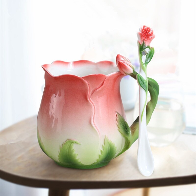 Gambar ?CW? EuropeanEnamelCoffee Mug3DFlowerTeacups Pastoral 4 Colors Breakfast Milk Cups With Spoon