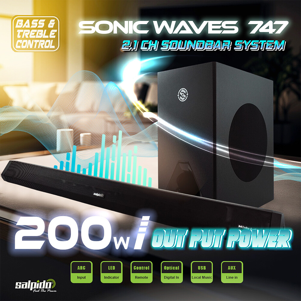 Salpido Sonic Waves 747 SoundBar | Bluetooth 5.3 | TV Sound System | 200 Watts | 1 Year Warranty | 2.1 channel Soundbar
