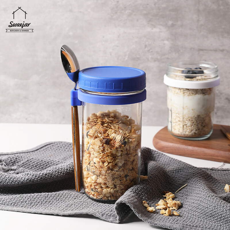 Gambar SWEEJAR High Borosilicate Glass Breakfast Cup Seal up Portable with Lid and Spoon Oat Yogurt Salad Jar Food Container 350ML 600ML