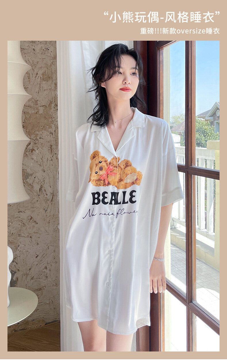 Váy ngủ nữ Cho Phụ Nữ, V-Cổ Cài Cúc Voan Phim Hoạt Hình Mùa Hè Mỏng Ngủ