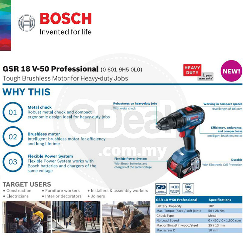 Bosch Drill Driver GSR 18V-50 Professional Cordless (HD) - 06019H50L0