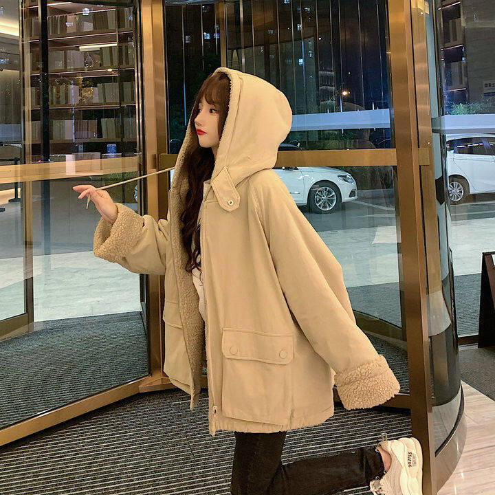 Thickened double-sided lamb wool coat for female ins students Korean style loose autumn and winter New Harajuku workwear cotton coat fashion