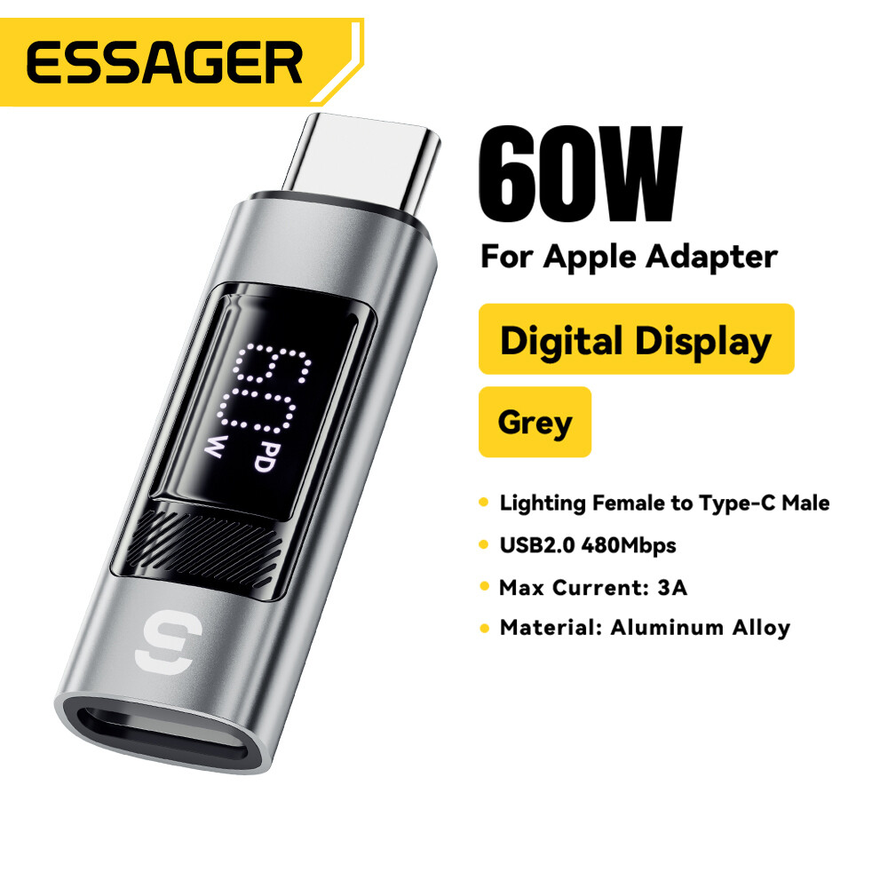 Essager 3a màn hình hiển thị kỹ thuật số bộ chuyển đổi otg Sét Để Loại C 60W Loại C Để Sét USB 2.0 4