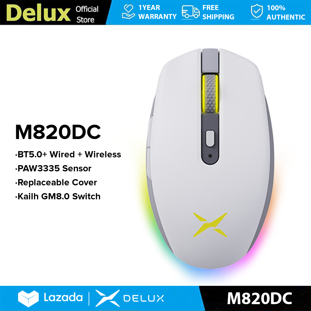 Delux M820DC Paw3335 Có Dây & Chuột chơi game không dây DPI Max 16000 Có Thể Sạc Lại 6 nút bấm có thể lập trình Với đèn RGB 80G Trọng Lượng Nhẹ Vỏ Tổ Ong Bluetooth 2.4G Không Dây Cho PC/Máy Tính Xách Tay/Windows/Mac