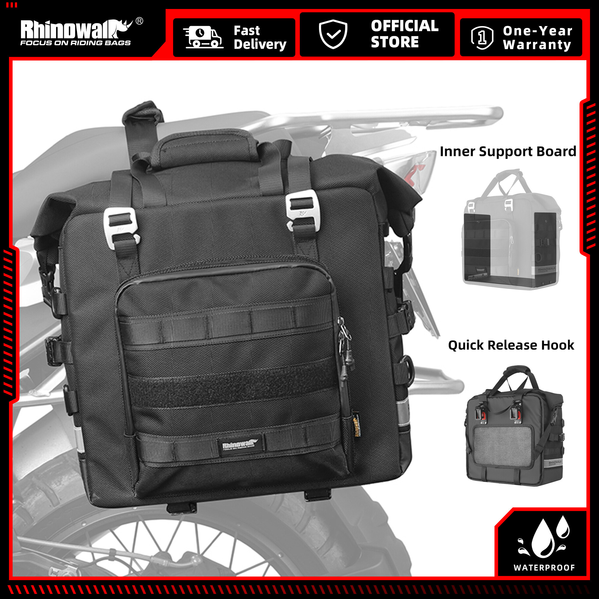  Rhinowalk Túi treo dưới yên xe mô tô không thấm nước 25L mở rộng 32L dung tích lớn nhanh chóng phát hành 3D Cube xe máy bên túi dạng giỏ treo xe đạp đa Túi Đeo Vai chức năng du lịch cưỡi lưu trữ túi hành lý phụ kiện xe máy cho hầu hết các xe máy 