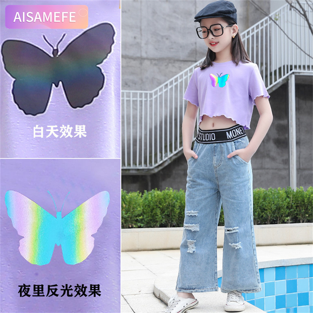 Aisamefe Girls' Summer Short Sleeve Butterfly Night Glow Wide Leg Trouser Set Denim Straight Leg Trouser Two Piece Set (T-shirt+Jeans) ราคา 478 บาท*ส่งฟรี