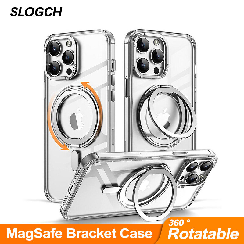 Magsafe Vòng Kim Loại Đứng vỏ điện thoại Đối Với iPhone 17air 16E 16 15 14 13 12 11 Pro Max Cộng Với Chân Đế Trong Suốt Chống Sốc Bìa Đối Với iPhone 16 17 Pro Max bậc quân sự 360 ° Vỏ Khung xoay