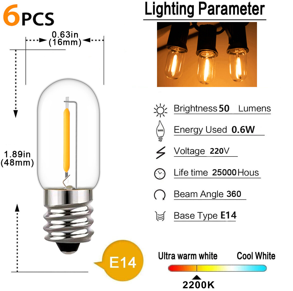 Genixgreen 6 Packs E12 E14 LED Bulb Retro LED Filament Light Bulb 220V Energy Saving Filament Bulb D