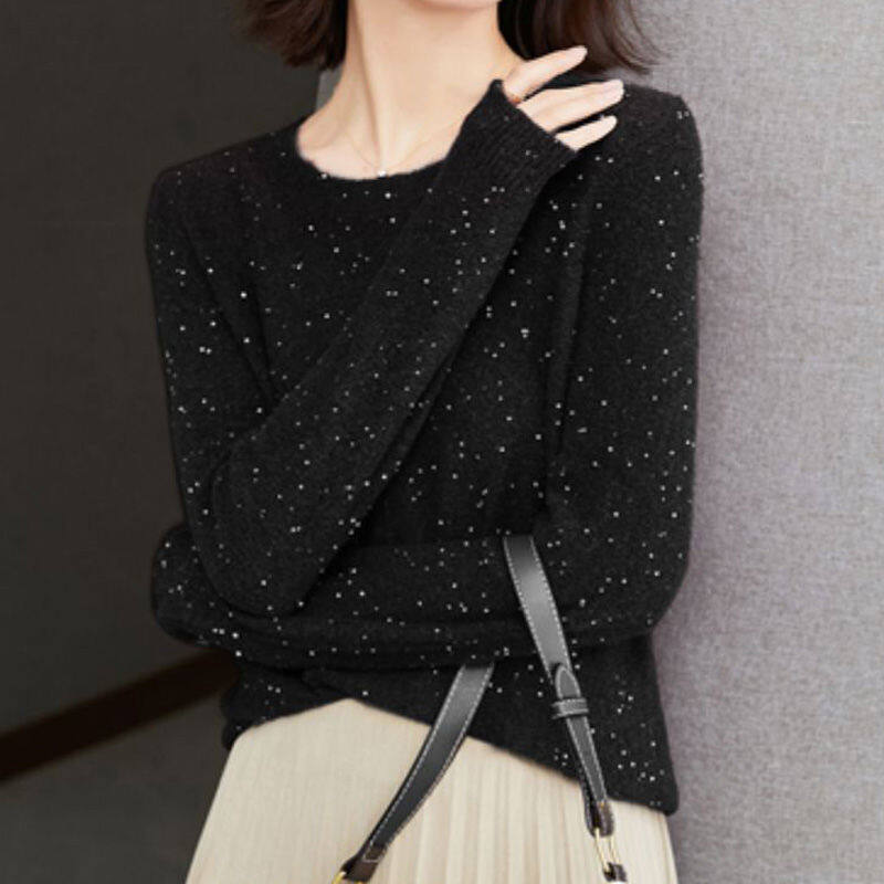 Áo Len Chui Đầu Áo Len Nữ Kim Sa Mùa Thu Đông Áo Len Nữ Kim Sa Hàn Quốc Dáng Rộng Cổ Tròn Lấp Lánh