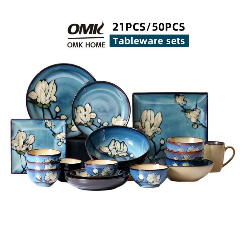 OMK 50PCS/21PCS Magnolia design series Ceramic tableware set dinner plates bowl spoon soy sauce dish Party Tableware ราคา 6,374 บาท*ส่งฟรี