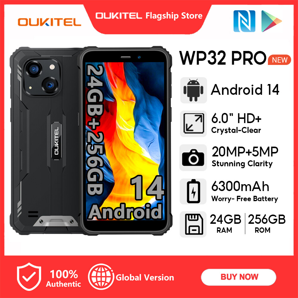 [LOCAL STOCK] OUKITEL WP32 PRO Android 14 24GB+256GB 6300mAh Mobile 6.0" HD+ Crystal clear 20MP+5MP IP68 IP69K Handphone 4G NFC ราคา 4,443 บาท*ส่งฟรี