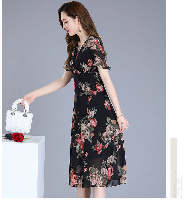 2012 new dress women's summer dress large size printed skirt big brand high-end temperament floral mother Medium-length dress