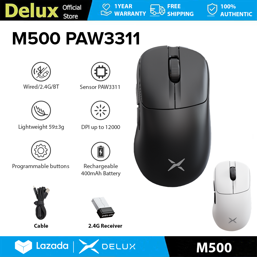 Delux M500 PAW3311 Gaming Mouse DPI MAX 12000 Wired 2.4G Wireless Rechargeable 59g Asymmetrical Ergonomic Design for PC/Laptop/Windows