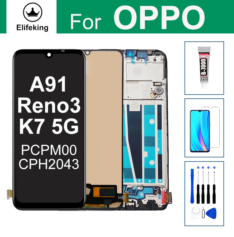 Màn hình lcd 6.4 "cho oppo a91/ reno 3/k7 cph2043 màn hình lcd bộ lắp ráp bộ số hóa cảm ứng màn hình cảm ứng không có điểm ảnh chết với dụng cụ miễn phí + kính cường lực