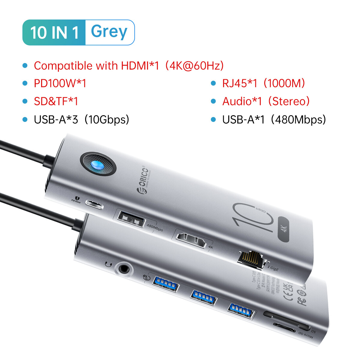 ORICO HUB USB 3.0 Trạm Nối Tương Thích HDMI 10Gbps Type C 2.0 4K60Hz Đầu Đọc Cạc Mạng RJ45 PD100W Ch
