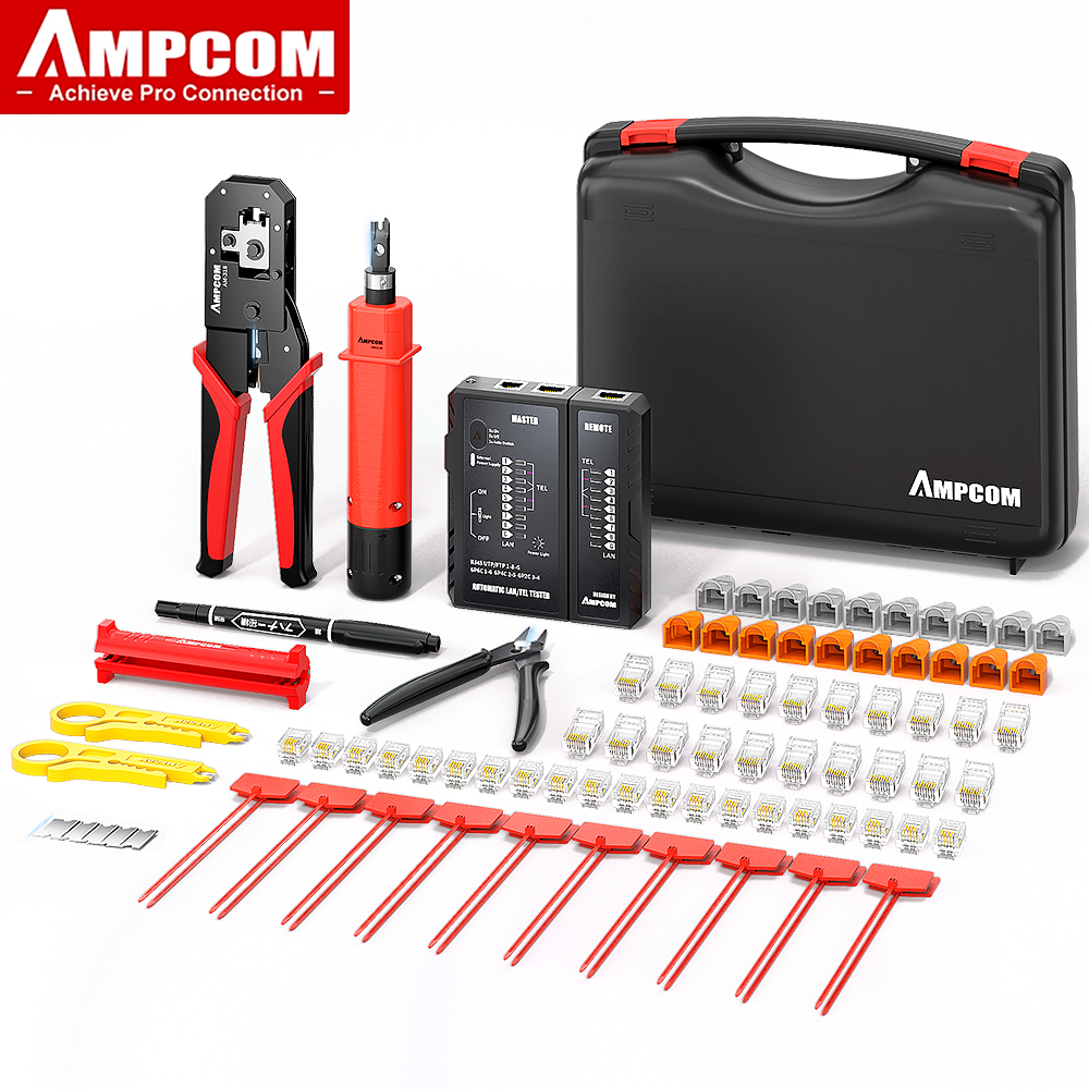 AMPCOM RJ45 Crimper Lan Tester Tool Set Ethernet Cable Stripper Punch Down Tool RJ 45 RJ11 Connectors 12 in 1 Cabling Repair Set ราคา 829 บาท*ส่งฟรี