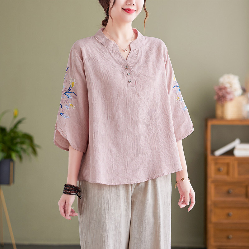 Hàng Đầu Cho Phụ Nữ Của Cotton Linen Thêu Hàng Đầu Trung Quốc Linen áo mới áo mùa hè Phụ Nữ Dân tộc 