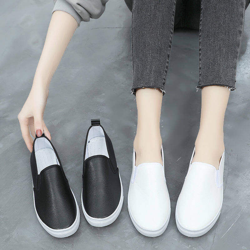 wtMei Korean White Shoes PU Shoes Flat Non