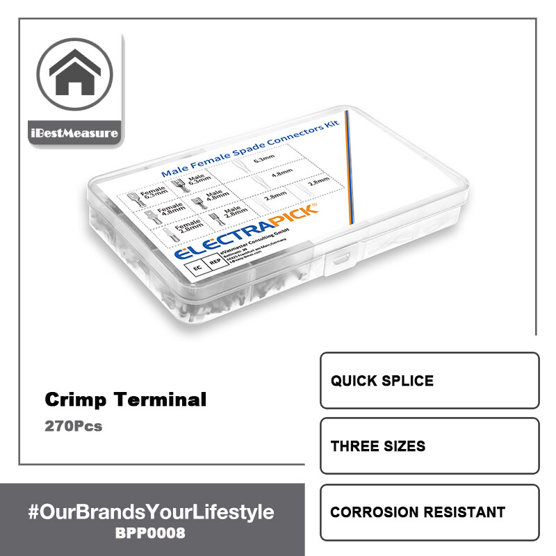 iBestMeasure 270Pcs Nam Nữ đầu nối thuổng Khối đầu cuối uốn cong với Bộ phân loại tay áo cách điện （2,8mm / 4,8mm / 6,3mm）