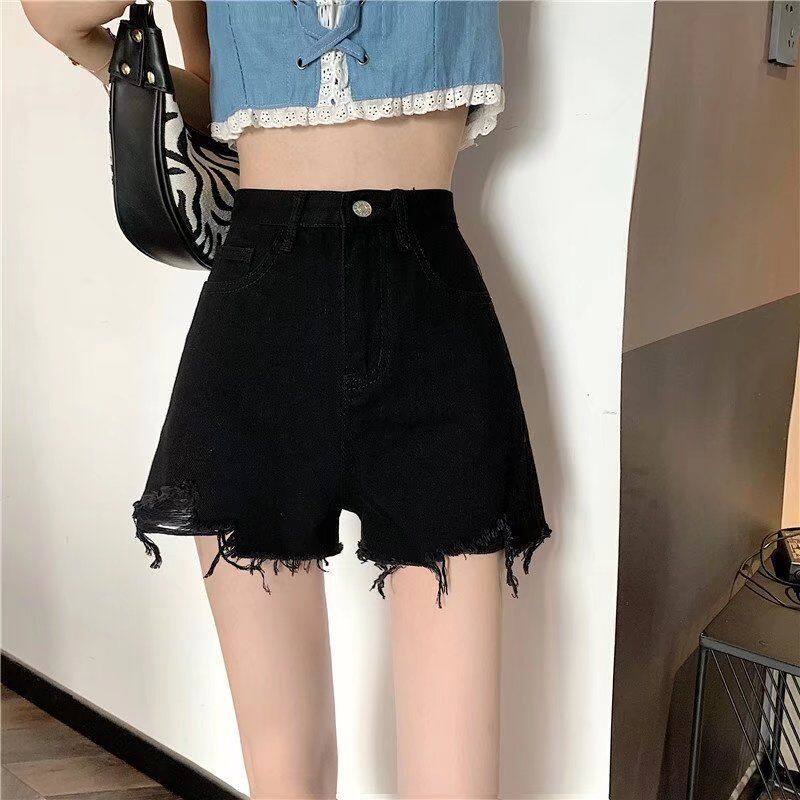 Large size denim shorts women's summer hot girl 2022 new thin loose and thin A-line raw edge black high waist hot pants