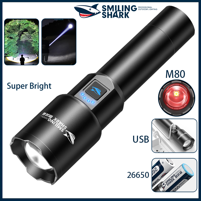 Mỉm cười cá mập sd5225 siêu sáng torchlight m80 10000 lumens đèn pin công suất lớn 26650 có thể sạc qua usb zoomable không thấm nước ngoài trời cắm trại khẩn cấp chiếu sáng