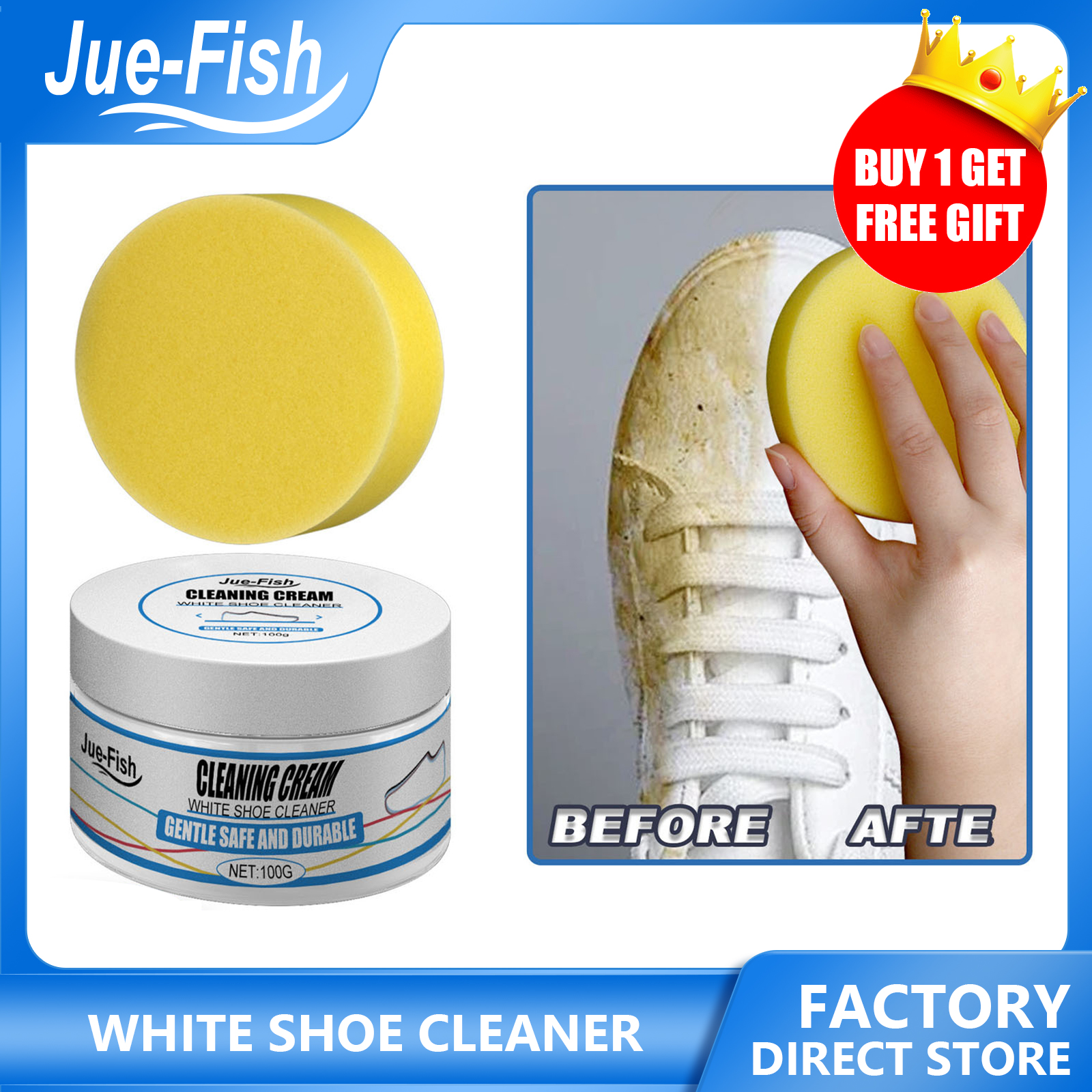 JUE-FISH White shoe cleaning cream multi-functional cleaning, brightening, whitening and yellowing maintenance of sports shoes 100g White Shoe Cleaning Cream Multi-functional Cleaning, Brightening, Whitening And Yellowing Maintenance Of sports Shoes ราคา 157 บาท*ส่งฟรี