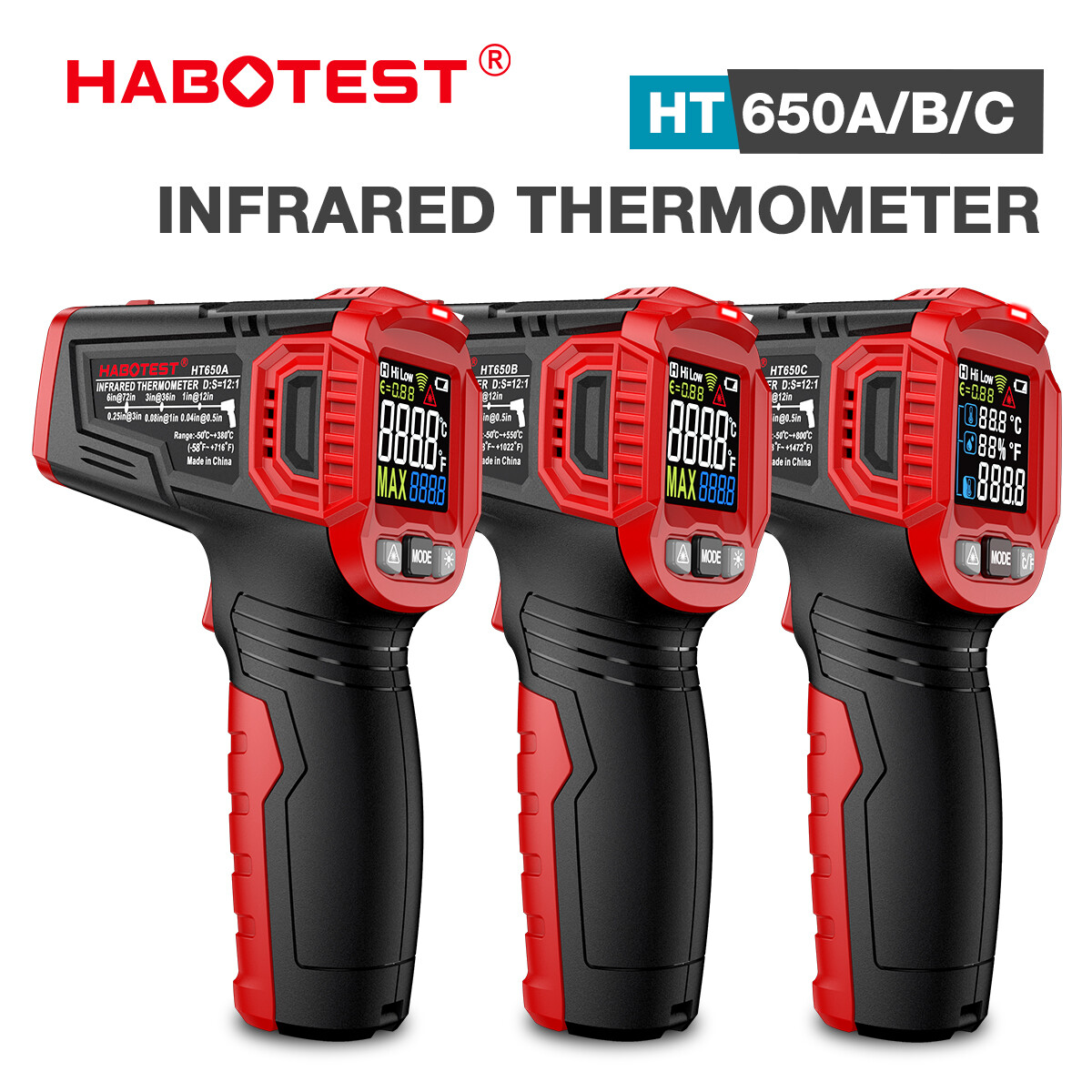HABOTEST HT650 Nhiệt kế hồng ngoại Nhiệt kế Laser không tiếp xúc Hình ảnh cụ Độ ẩm kế Nhiệt kế hồng ngoại